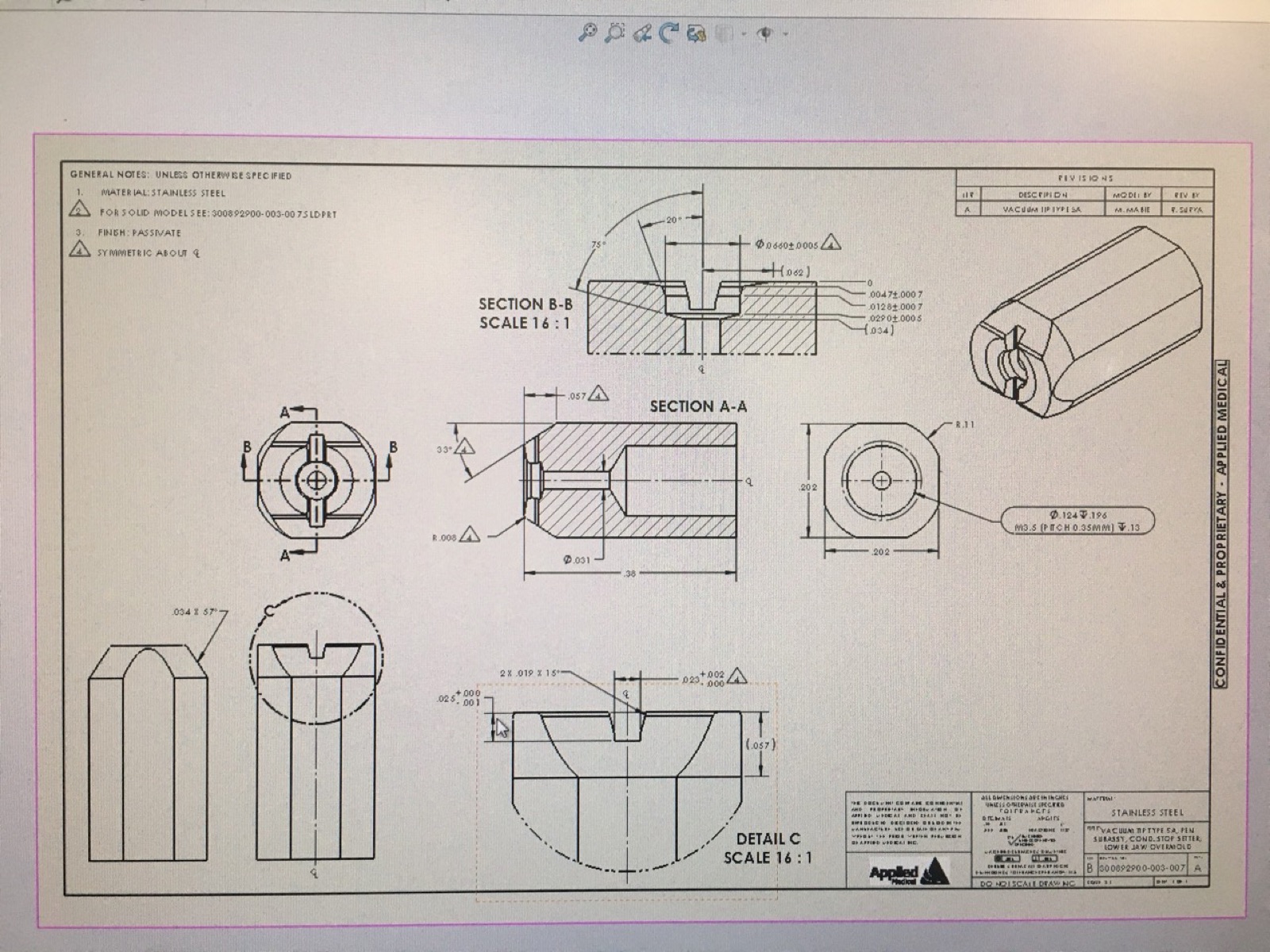 Applied Medical engineering drawing for a stainless steel suction pen component.